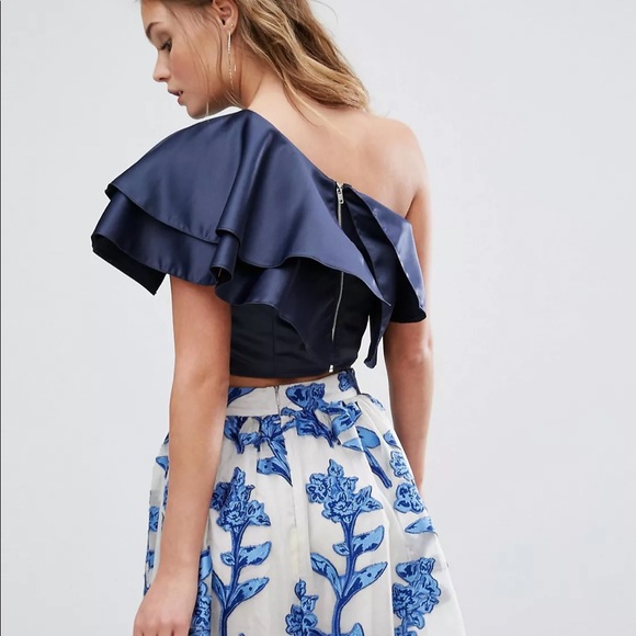 True Violet One Shoulder Crop Top w/ Frill Overlay - Picture 3 of 6